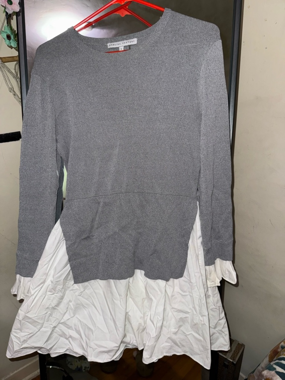 English Factory Gray Knit Top with White Ruffle Hem Detail